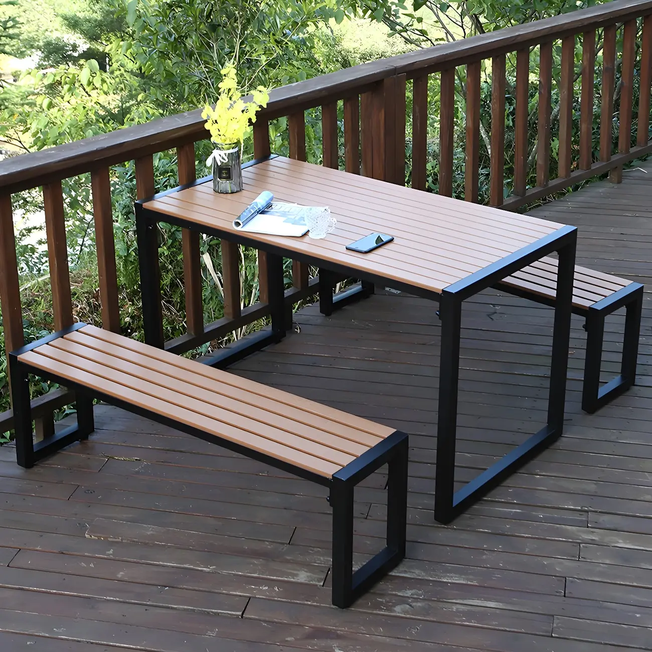 Brown Slatted Wood Sled Outdoor Dining Table Image - 1 | homeyfad