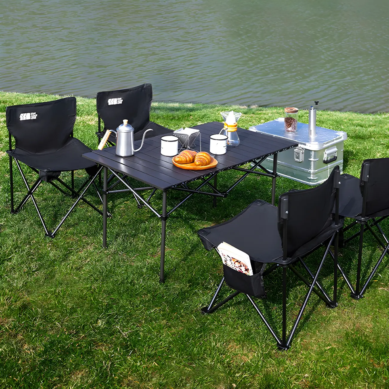 Foldable Black Metal Slatted Outdoor Dining Table Image - 2 | homeyfad