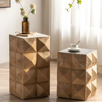 Elegant Geometric Wooden Block Accent Side Table Image - 1