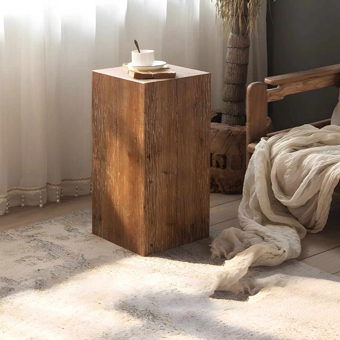 Elegant Geometric Wooden Block Accent Side Table Image - 2 | homeyfad