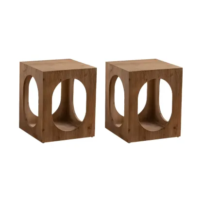 Elegant Geometric Wooden Block Accent Side Table Image - 7