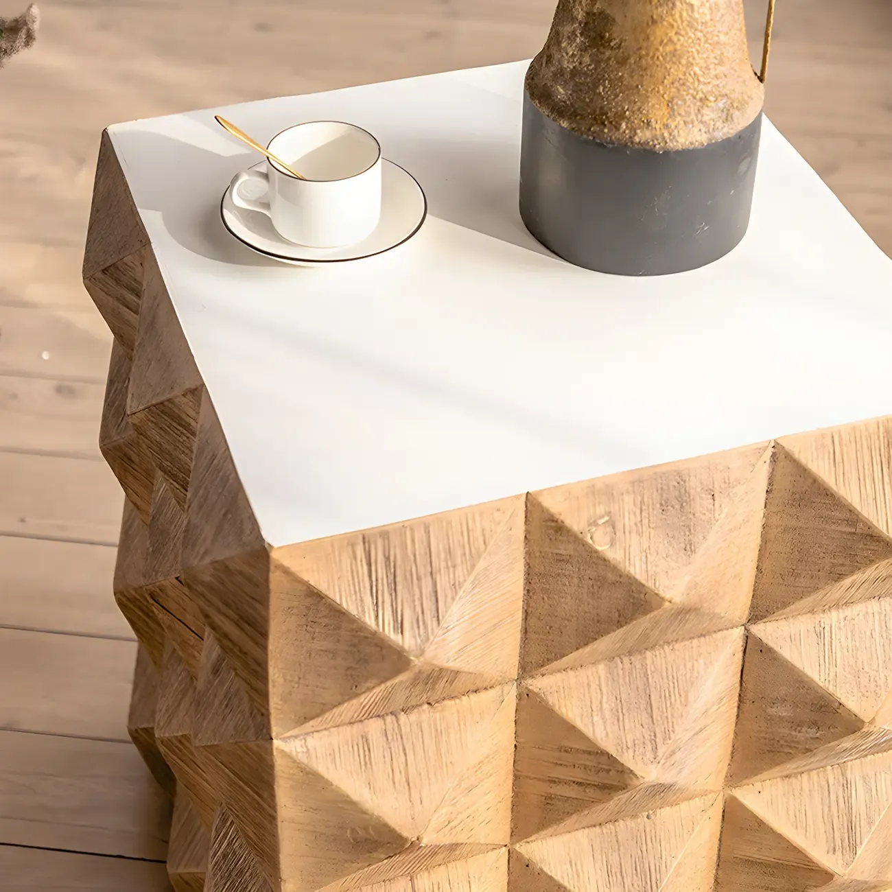 Elegant Geometric Wooden Block Accent Side Table Image - 11