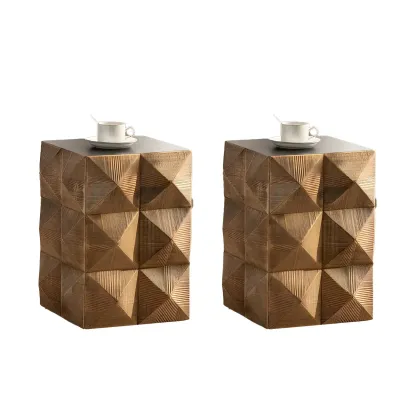Elegant Geometric Wooden Block Accent Side Table Image - 19