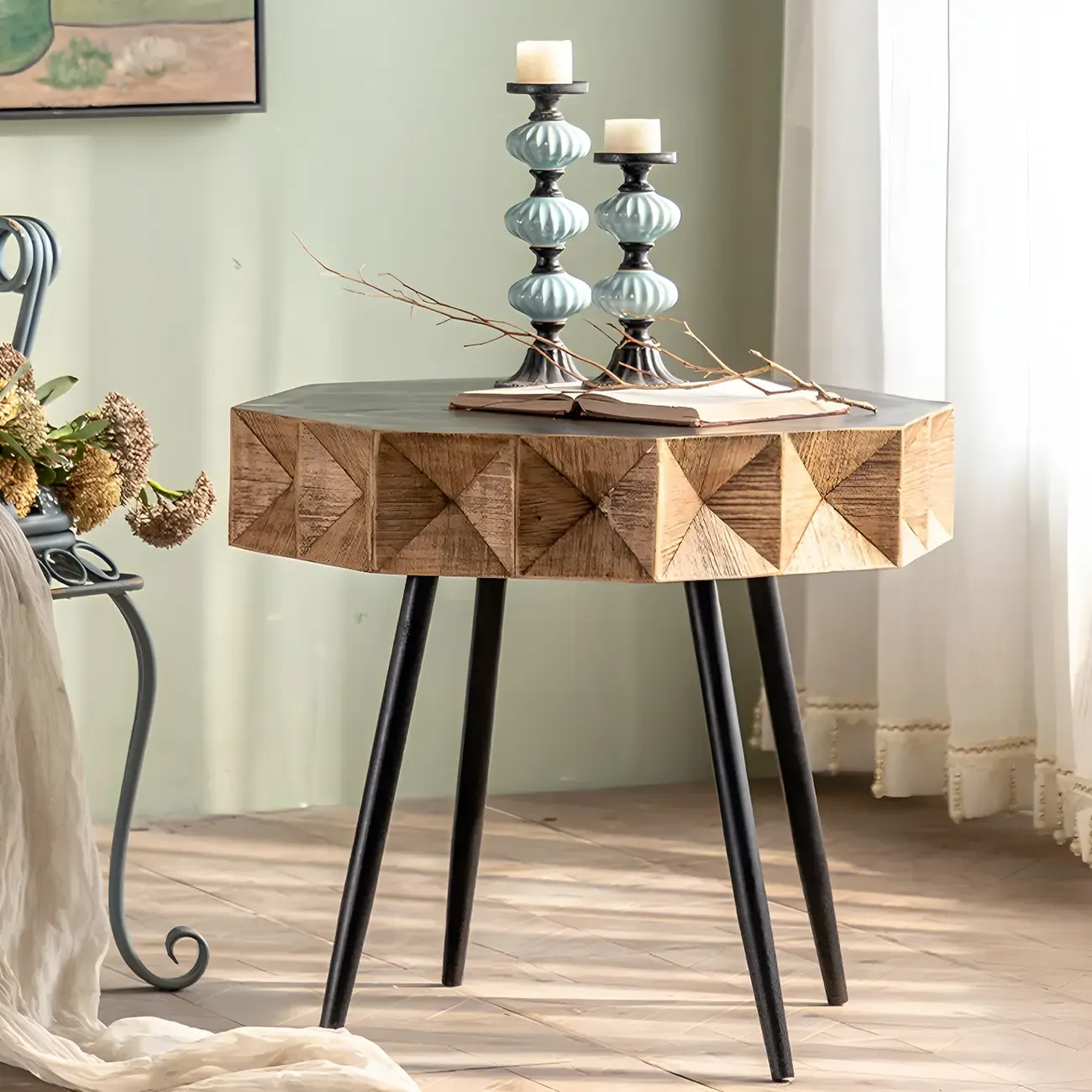 Elegant Geometric Wooden Block Accent Side Table Image - 22