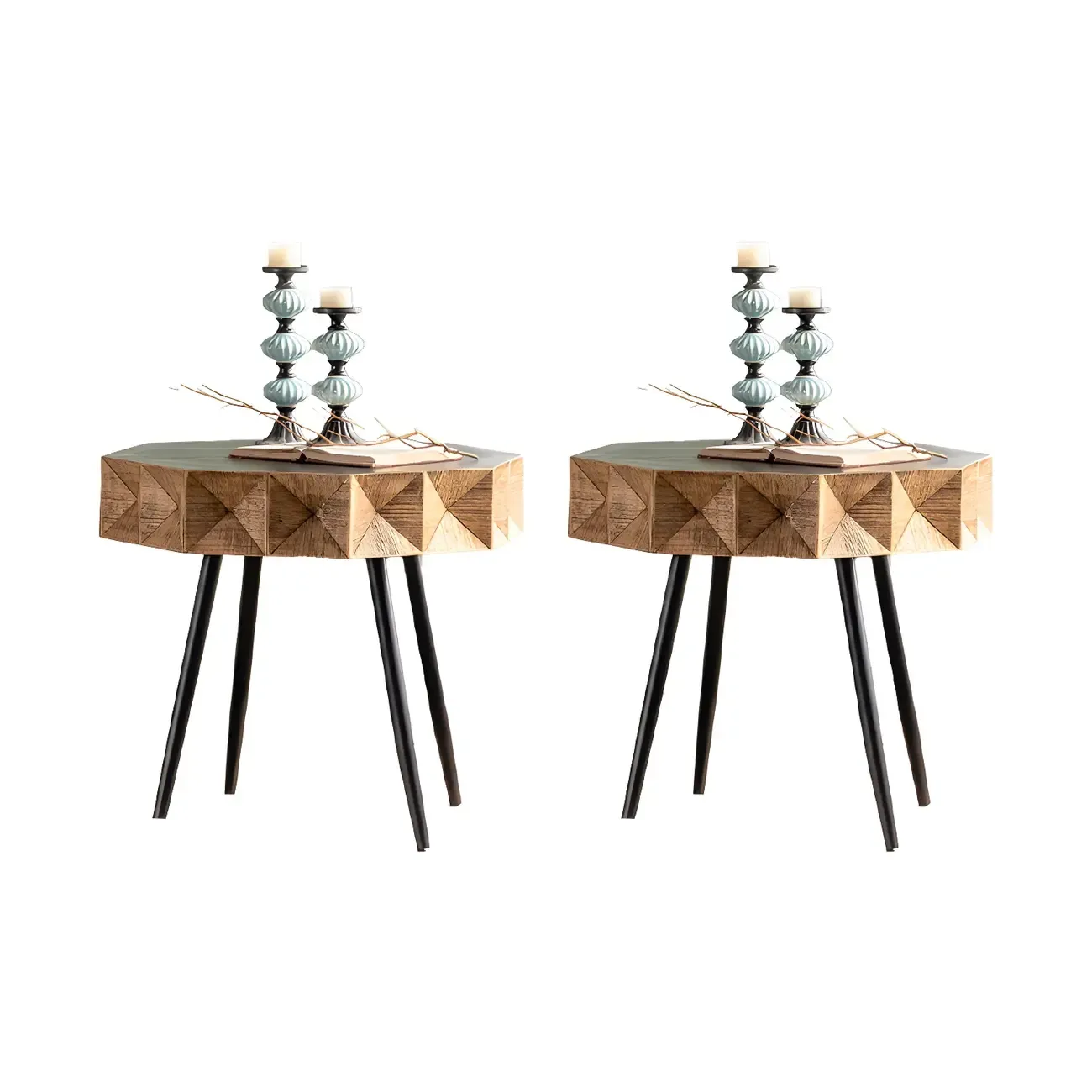 Elegant Geometric Wooden Block Accent Side Table Image - 23