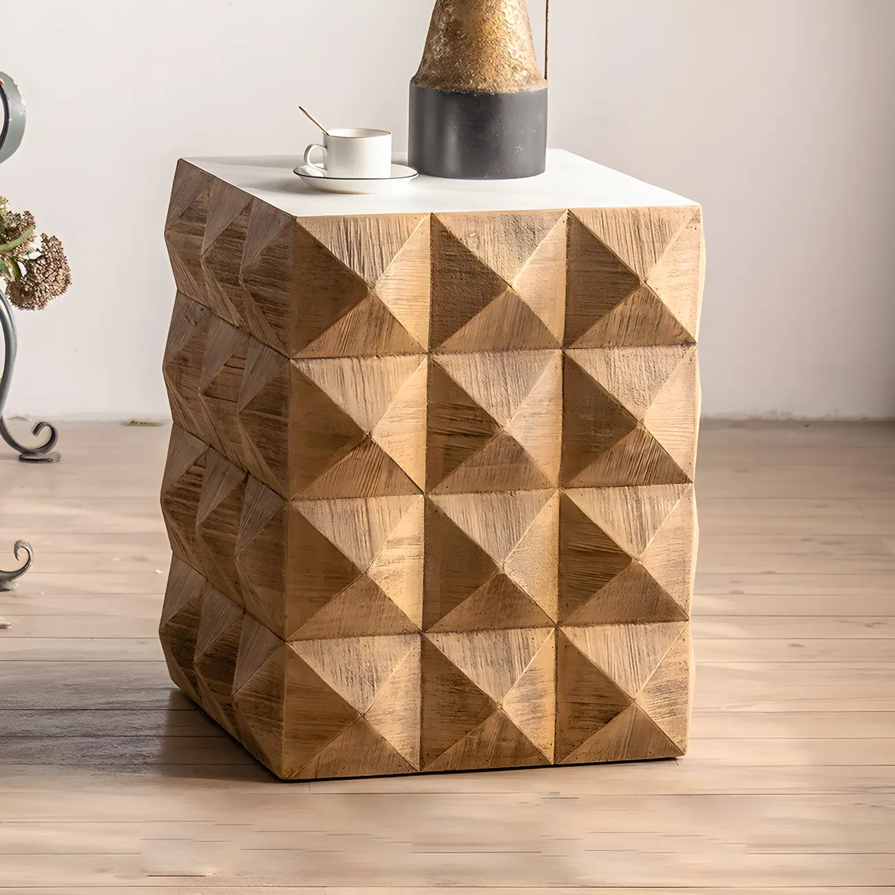 Elegant Geometric Wooden Block Accent Side Table Image - 24 | homeyfad