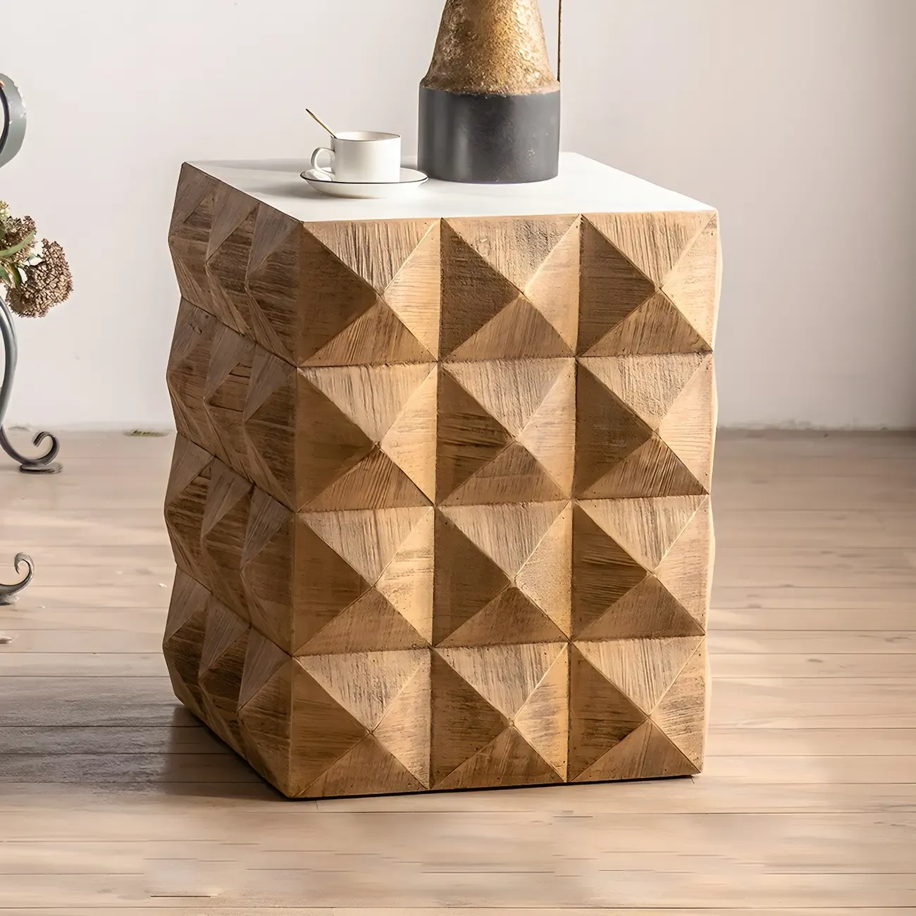 Elegant Geometric Wooden Block Accent Side Table Image - 24