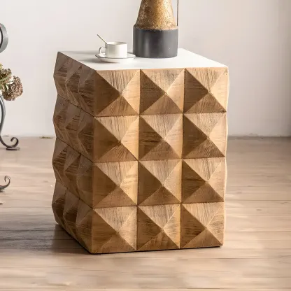 Elegant Geometric Wooden Block Accent Side Table Image - 24