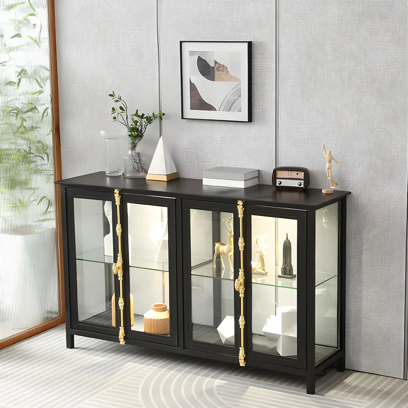 Modish Clear Glass Black Metal Curio Display Cabinet Image - 4 | homeyfad