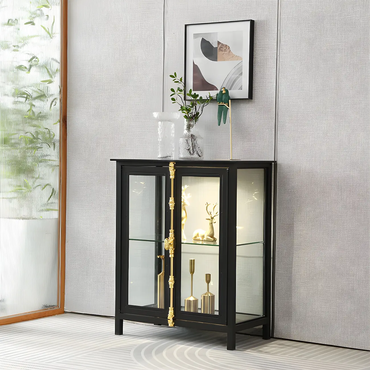 Modish Clear Glass Black Metal Curio Display Cabinet Image - 5 | homeyfad
