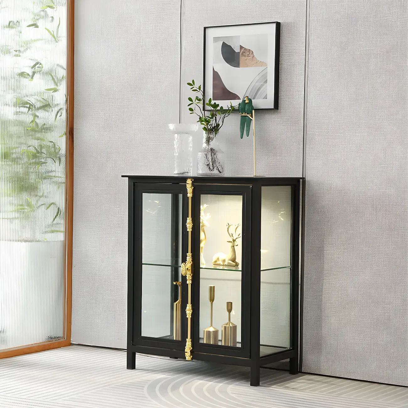 Modish Clear Glass Black Metal Curio Display Cabinet Image - 5