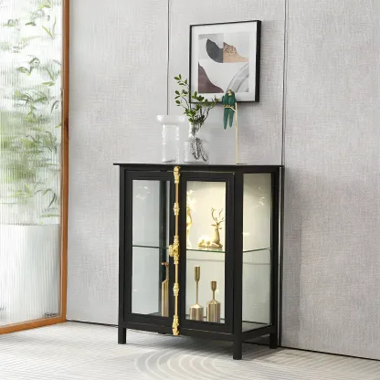Modish Clear Glass Black Metal Curio Display Cabinet Image - 5