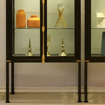 Modish Clear Glass Black Metal Curio Display Cabinet Image - 10