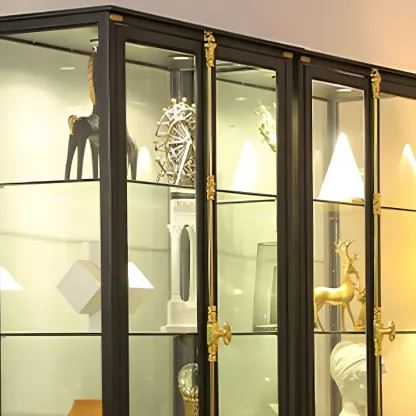Modish Clear Glass Black Metal Curio Display Cabinet Image - 11