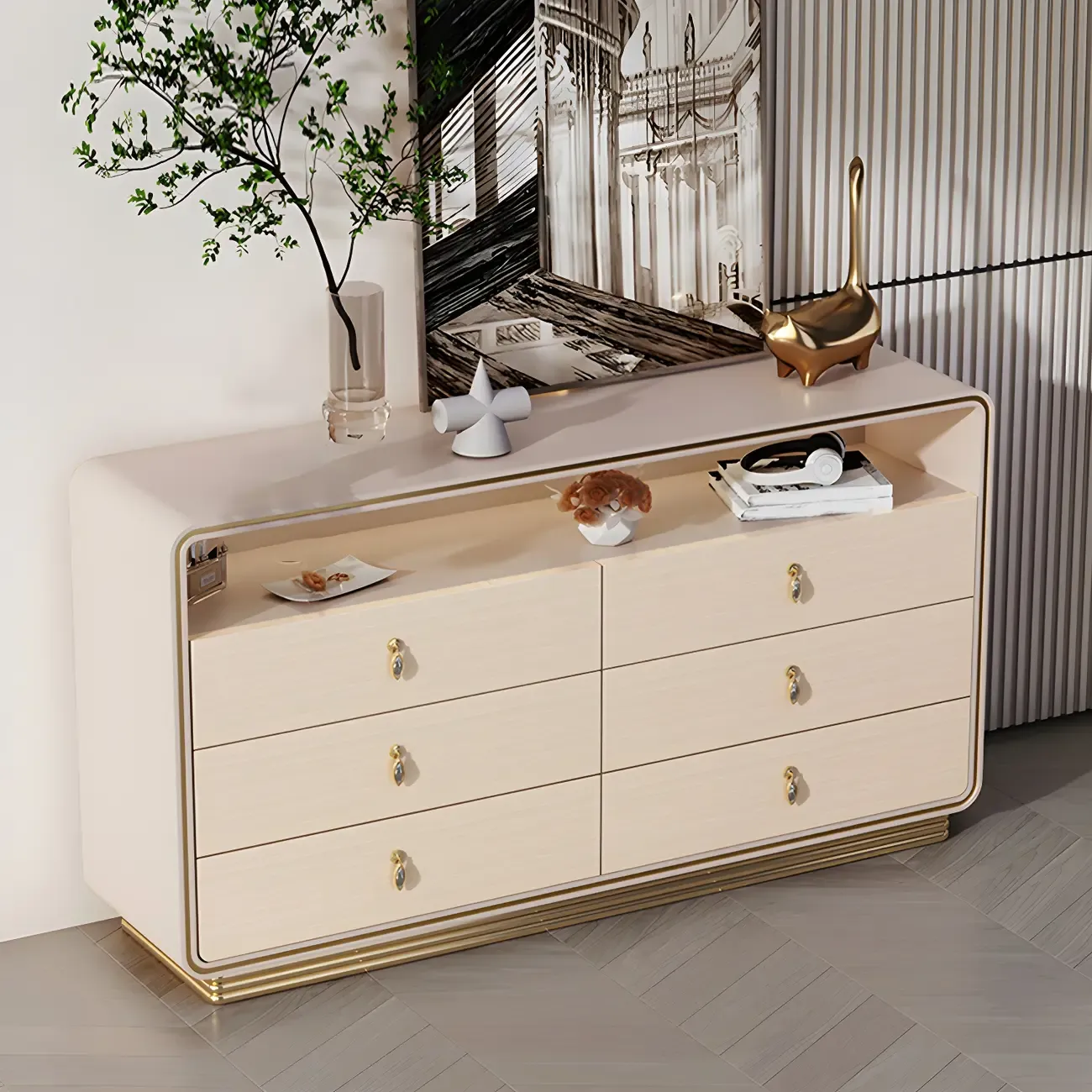 Glam Solid Wood Dresser with Gold Handles for Bedroom Image - 1