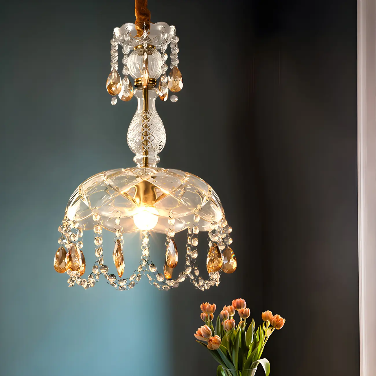 Luxury Dome Clear Crystal Pendant Light Adjustable Height Image - 15 | homeyfad