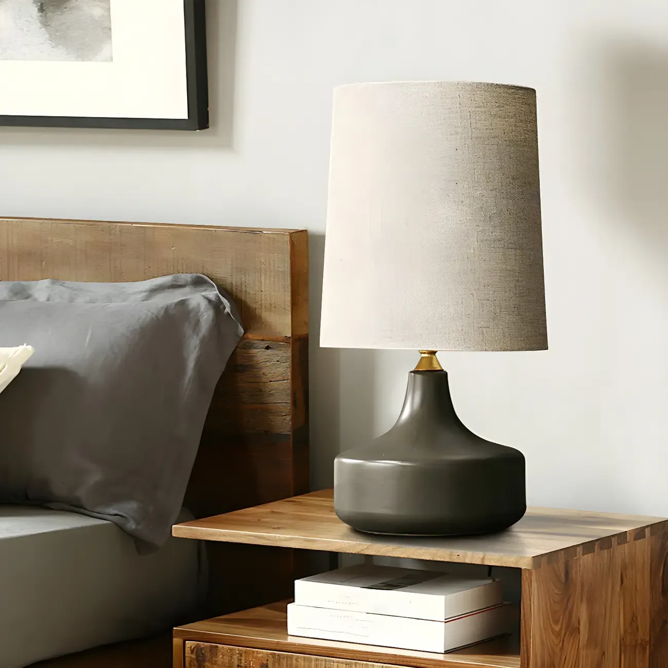 Modern Ceramic Barrel Bedside Table Lamp with Linen Shade Image - 2