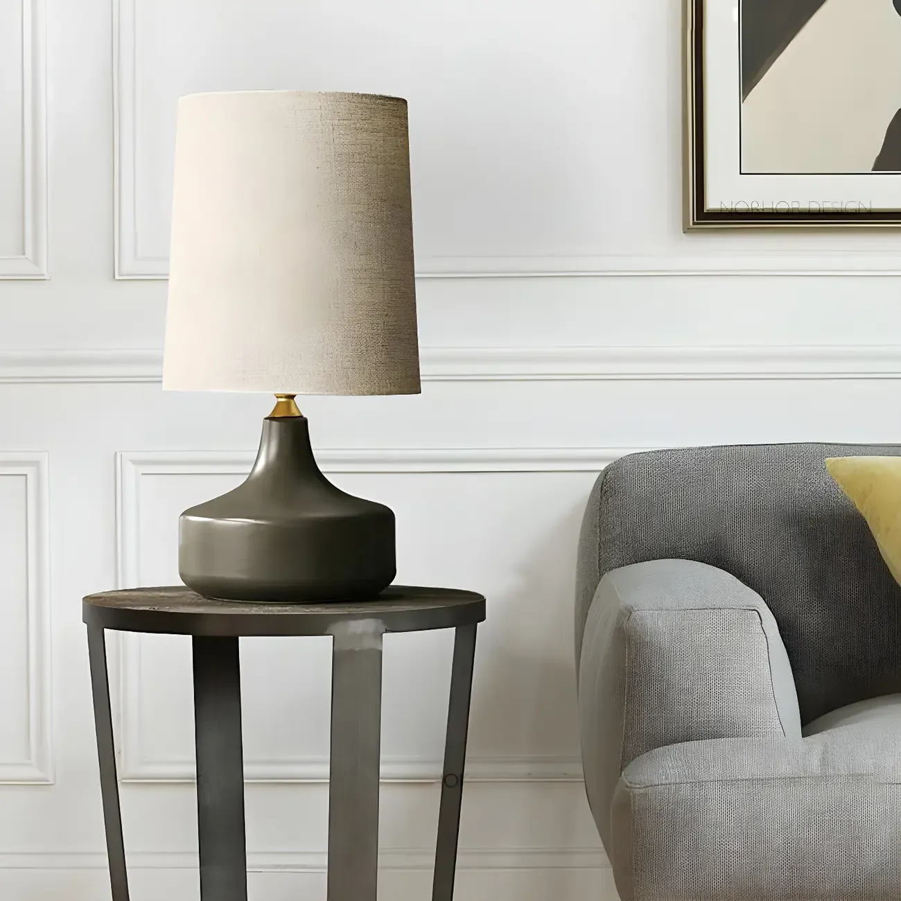 Modern Ceramic Barrel Bedside Table Lamp with Linen Shade Image - 4