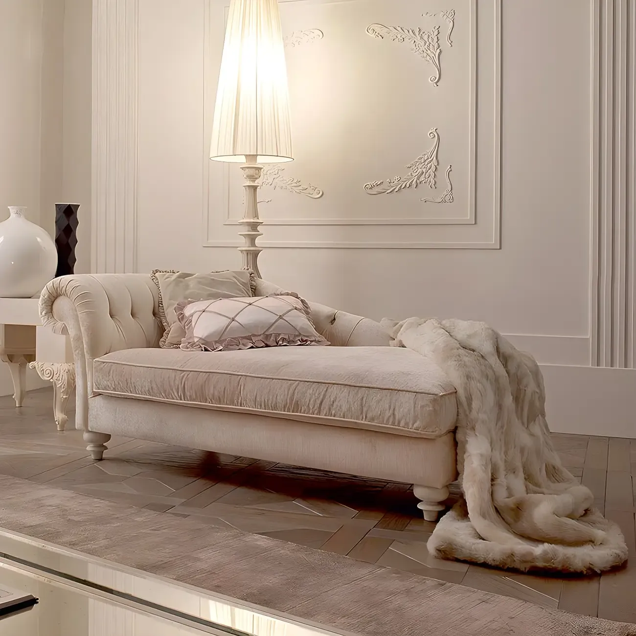 French Country Beige Chenille Tufted Chaise Lounge Image - 1