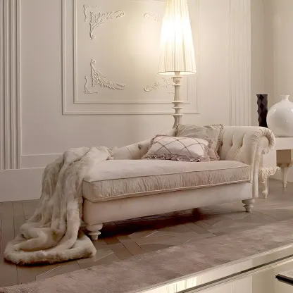 French Country Beige Chenille Tufted Chaise Lounge Image - 2