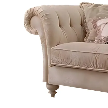 French Country Beige Chenille Tufted Chaise Lounge Image - 3