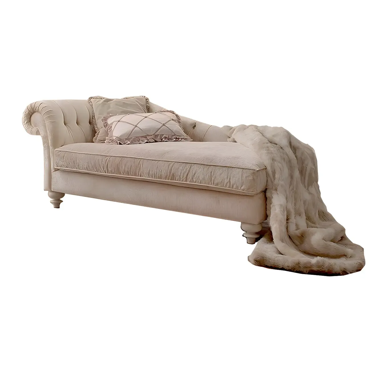French Country Beige Chenille Tufted Chaise Lounge Image - 5