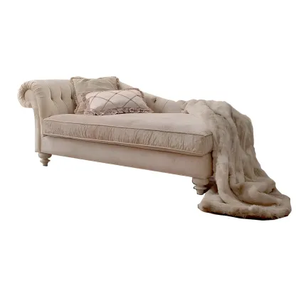 French Country Beige Chenille Tufted Chaise Lounge Image - 5