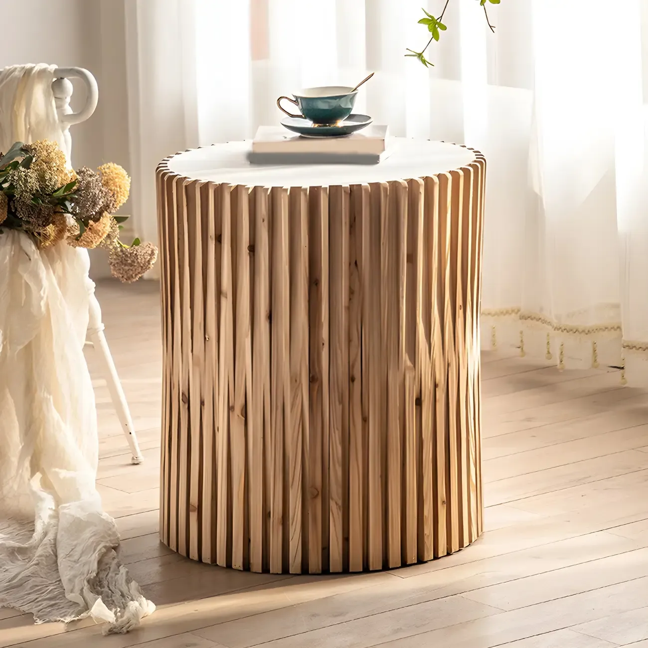 Round Drum Rustic Wooden Side Table with Natural Finish Image - 1