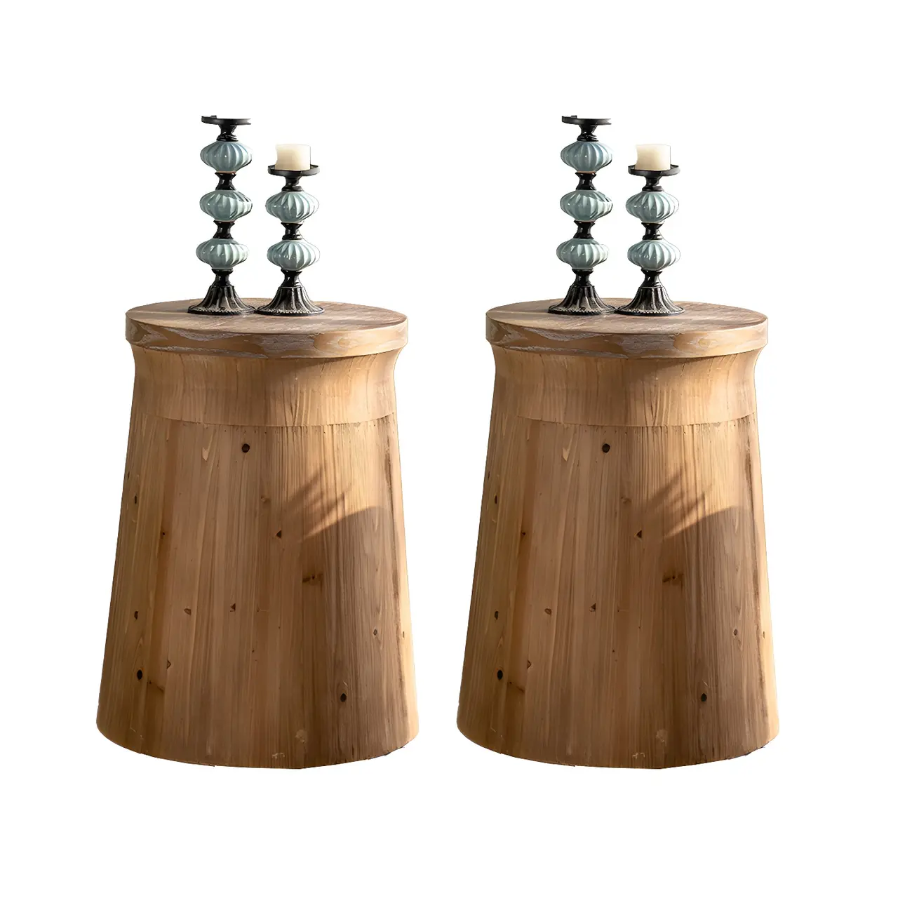 Round Drum Rustic Wooden Side Table with Natural Finish Image - 3 | homeyfad