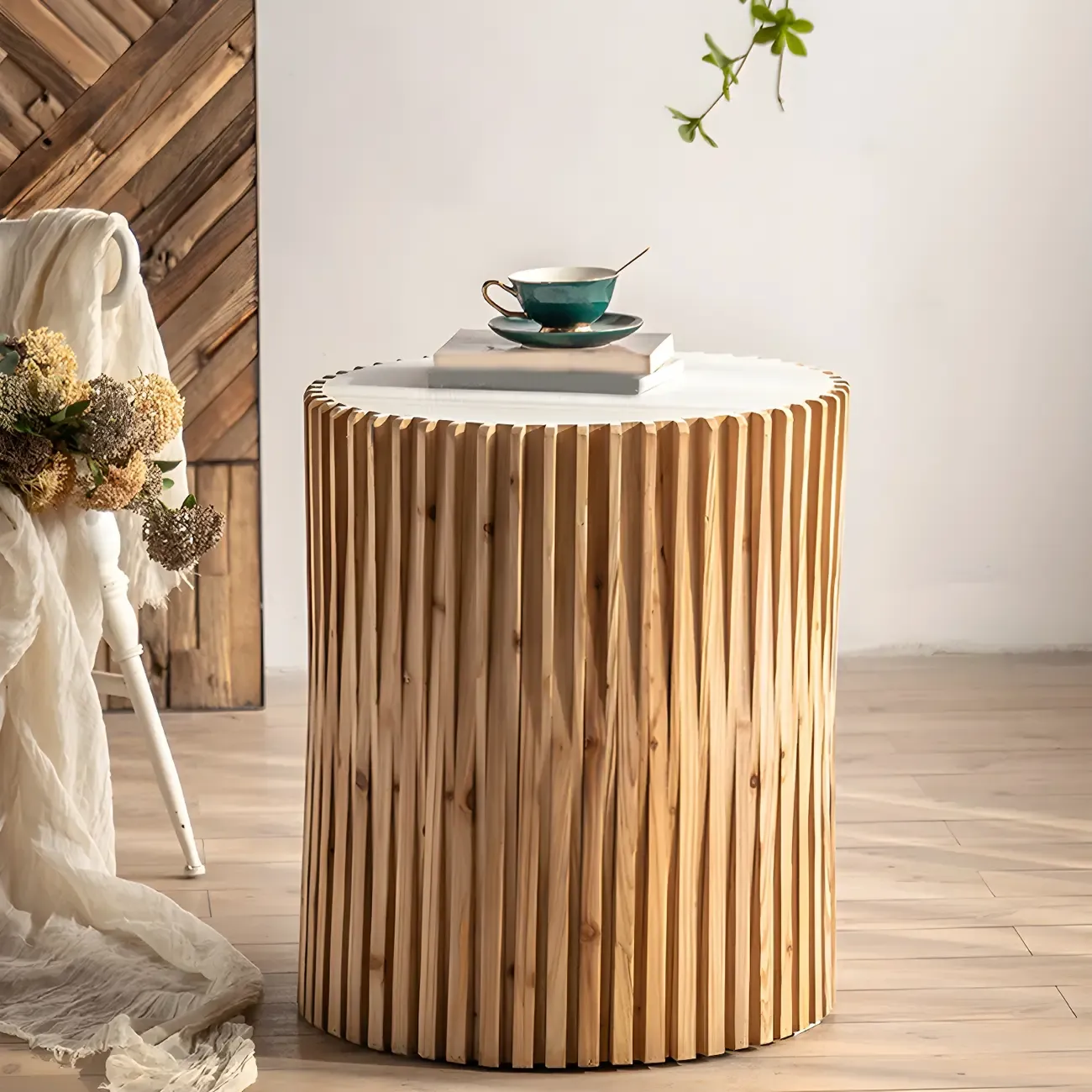 Round Drum Rustic Wooden Side Table with Natural Finish Image - 4