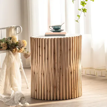Round Drum Rustic Wooden Side Table with Natural Finish Image - 6