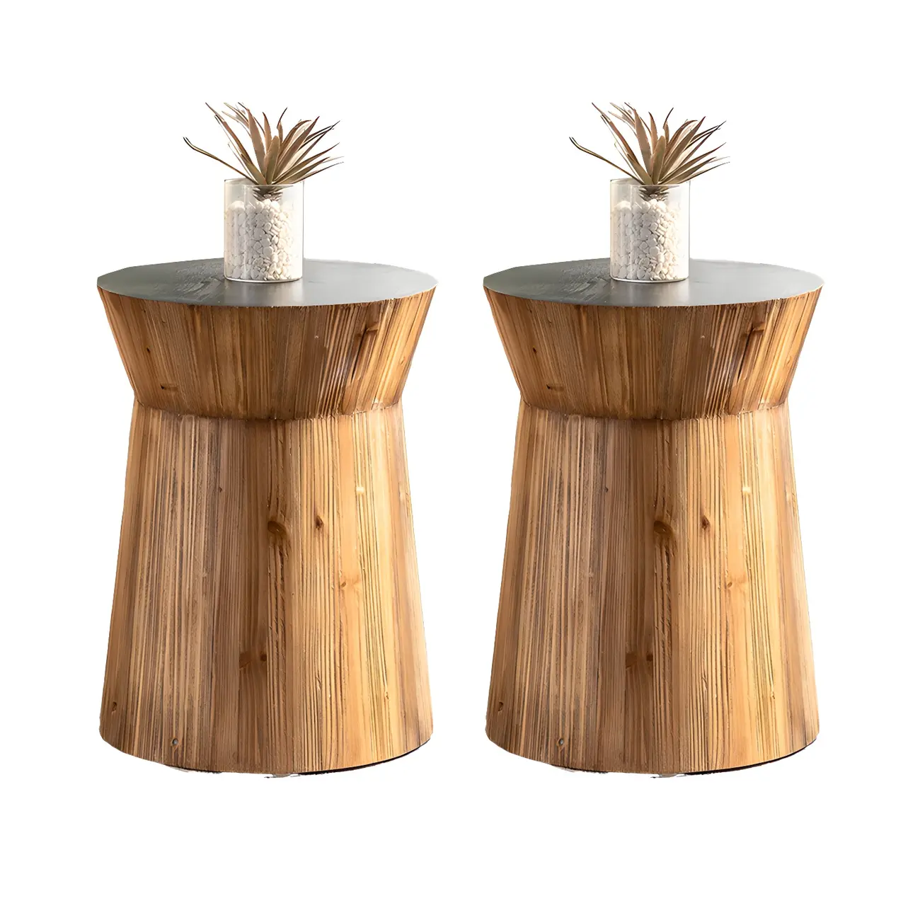 Round Drum Rustic Wooden Side Table with Natural Finish Image - 7 | homeyfad