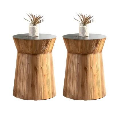 Round Drum Rustic Wooden Side Table with Natural Finish Image - 7