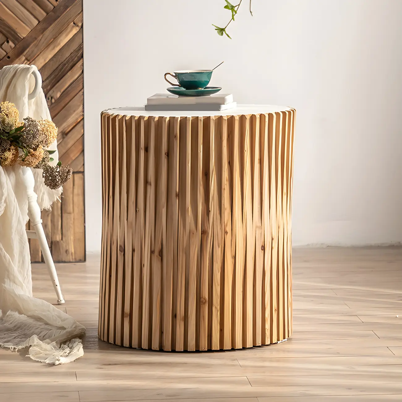 Round Drum Rustic Wooden Side Table with Natural Finish Image - 8 | homeyfad