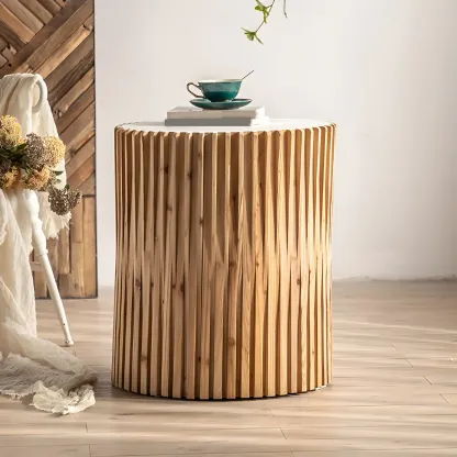 Round Drum Rustic Wooden Side Table with Natural Finish Image - 8