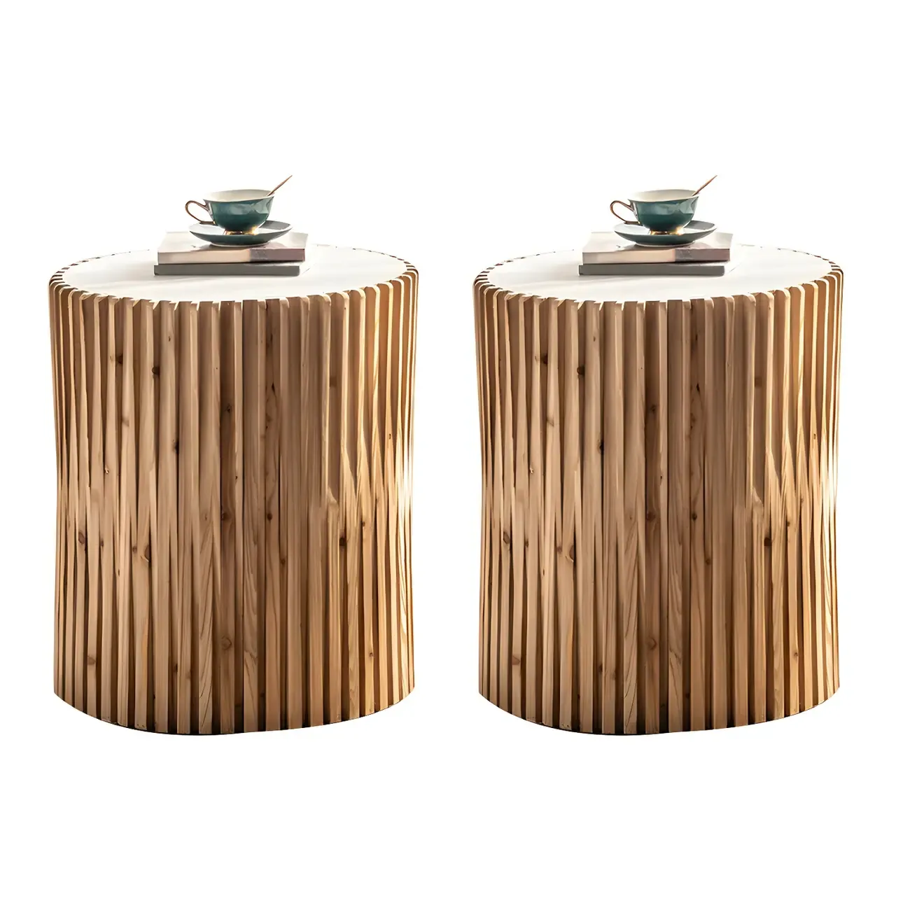 Round Drum Rustic Wooden Side Table with Natural Finish Image - 10