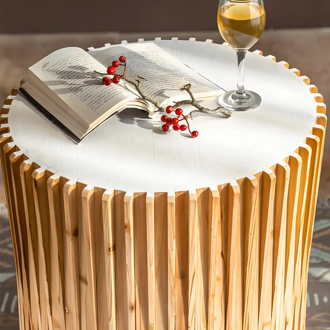 Round Drum Rustic Wooden Side Table with Natural Finish Image - 11