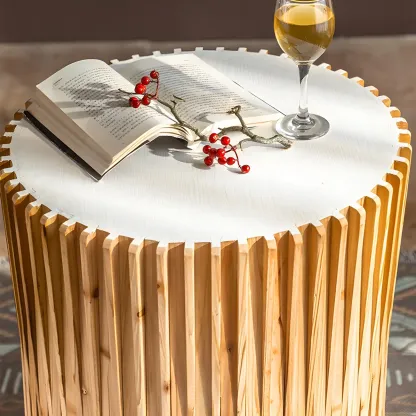 Round Drum Rustic Wooden Side Table with Natural Finish Image - 11