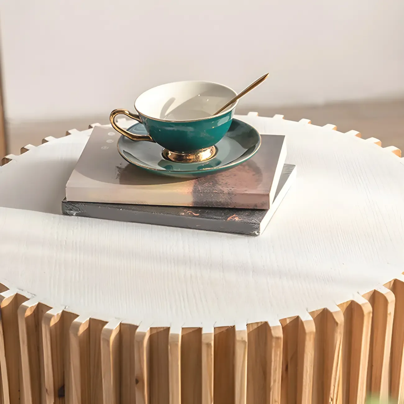 Round Drum Rustic Wooden Side Table with Natural Finish Image - 12