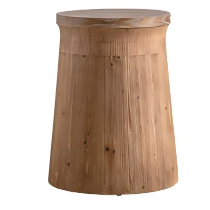 Round Drum Rustic Wooden Side Table with Natural Finish Image - 14