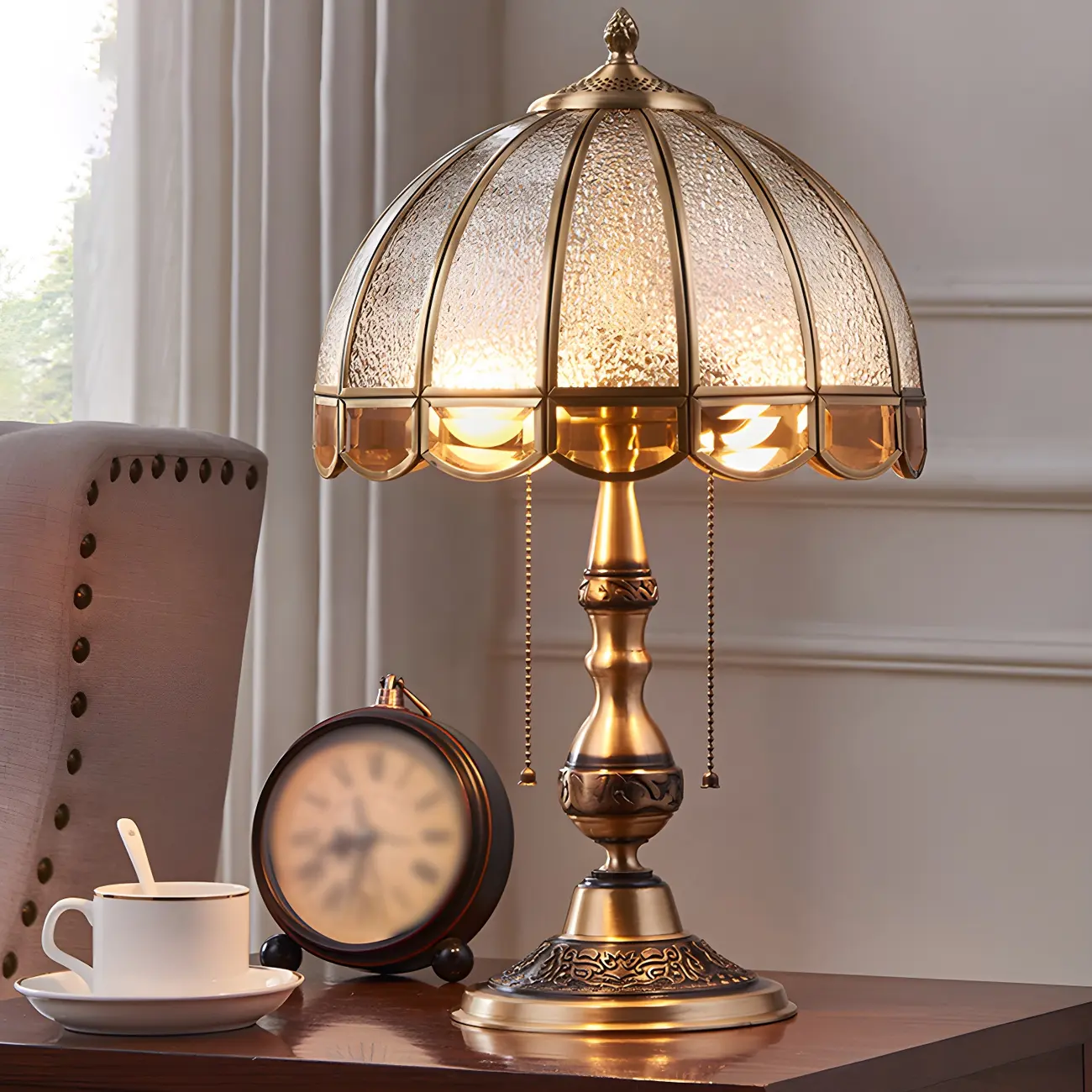 Vintage Luxury Dome Shape Table Lamp Brass and Glass Image - 1 | homeyfad