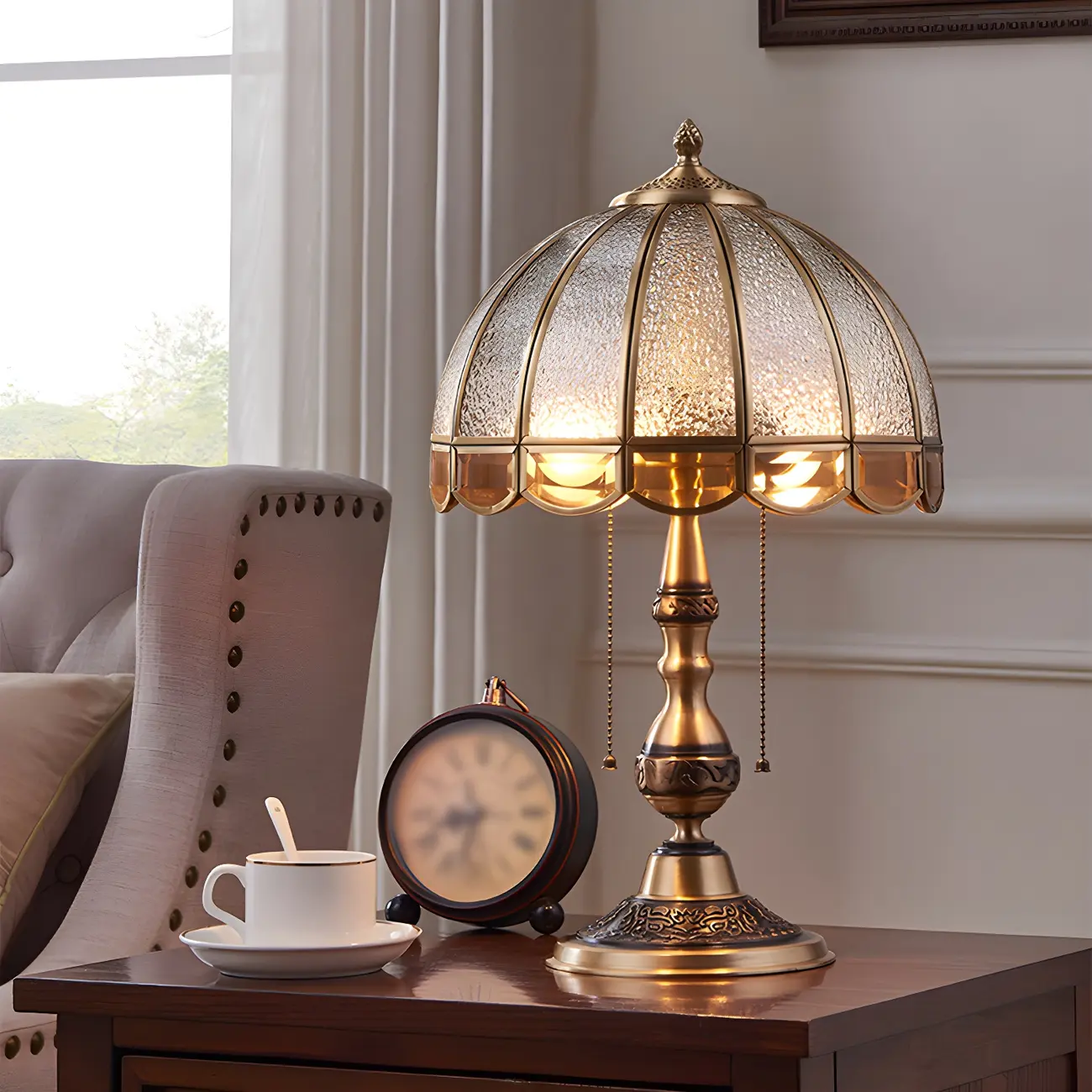 Vintage Luxury Dome Shape Table Lamp Brass and Glass Image - 3 | homeyfad