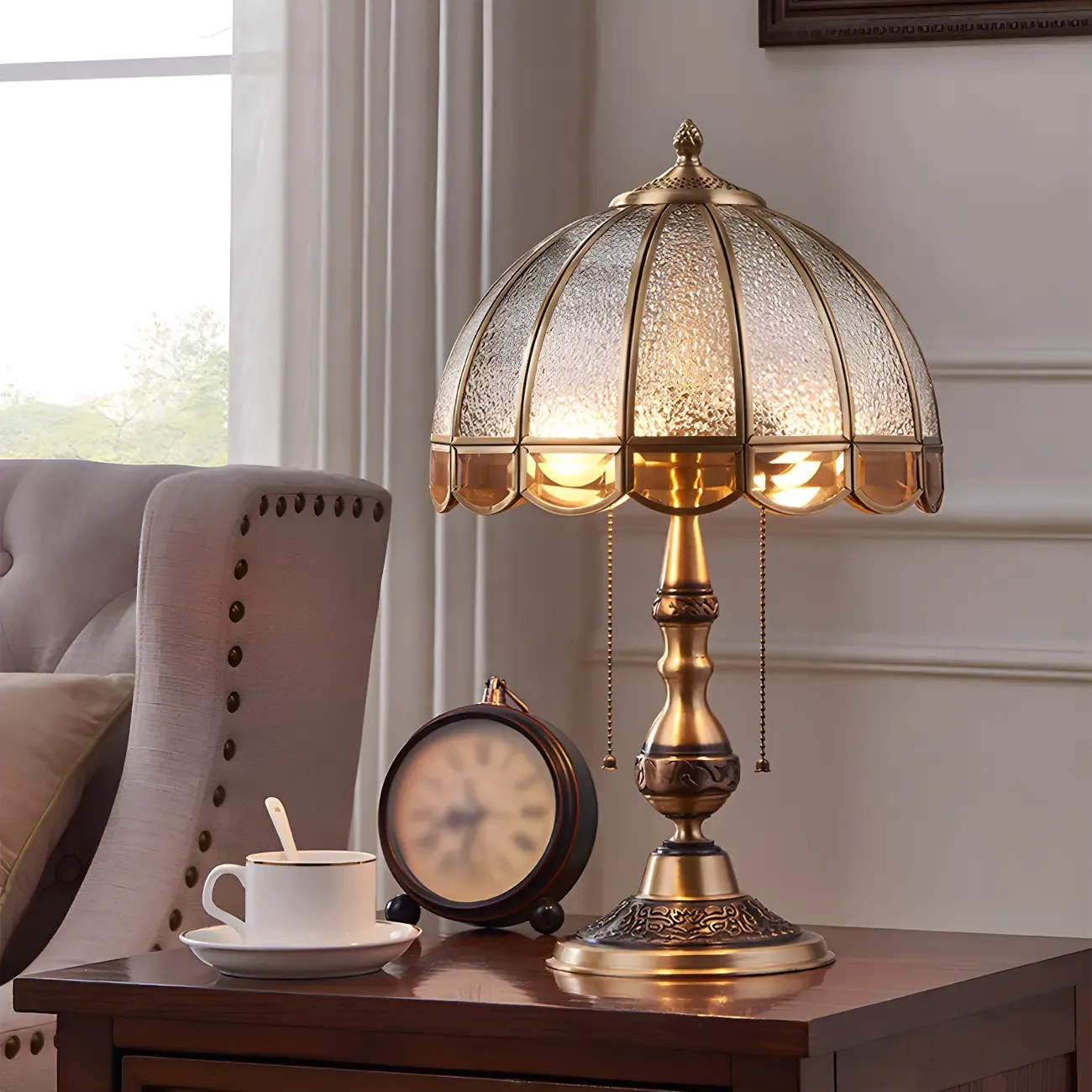 Vintage Luxury Dome Shape Table Lamp Brass and Glass Image - 3