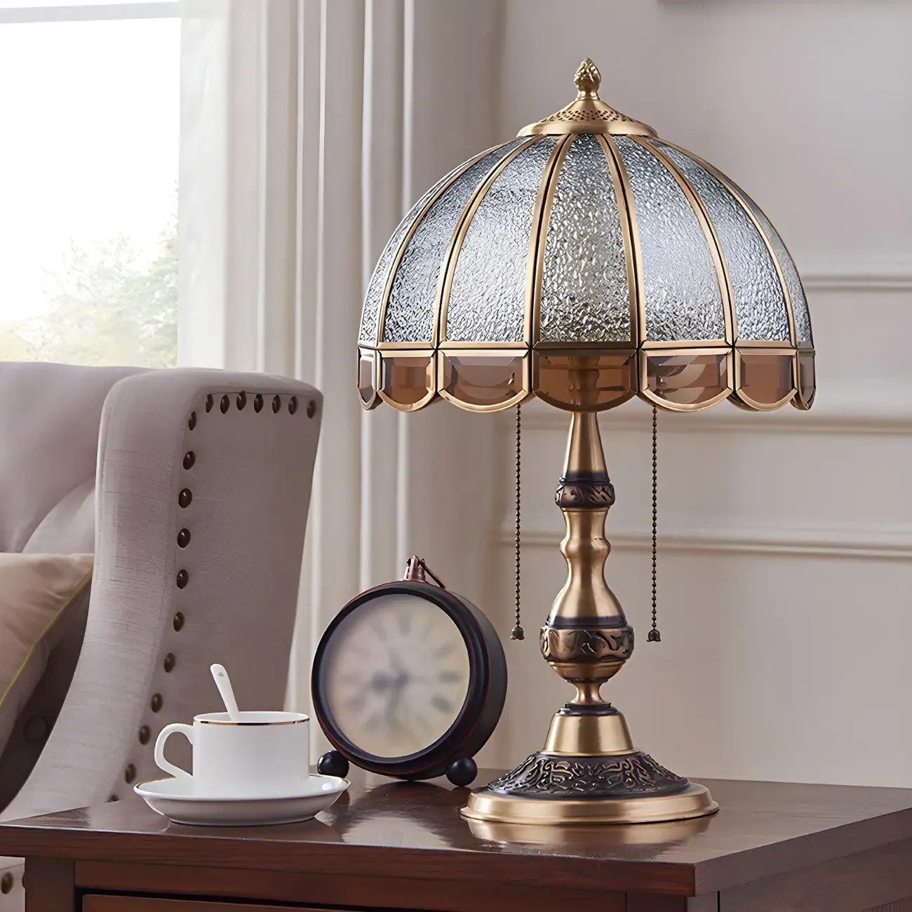 Vintage Luxury Dome Shape Table Lamp Brass and Glass Image - 5