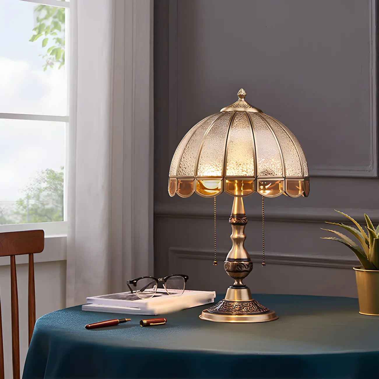 Vintage Luxury Dome Shape Table Lamp Brass and Glass Image - 12 | homeyfad