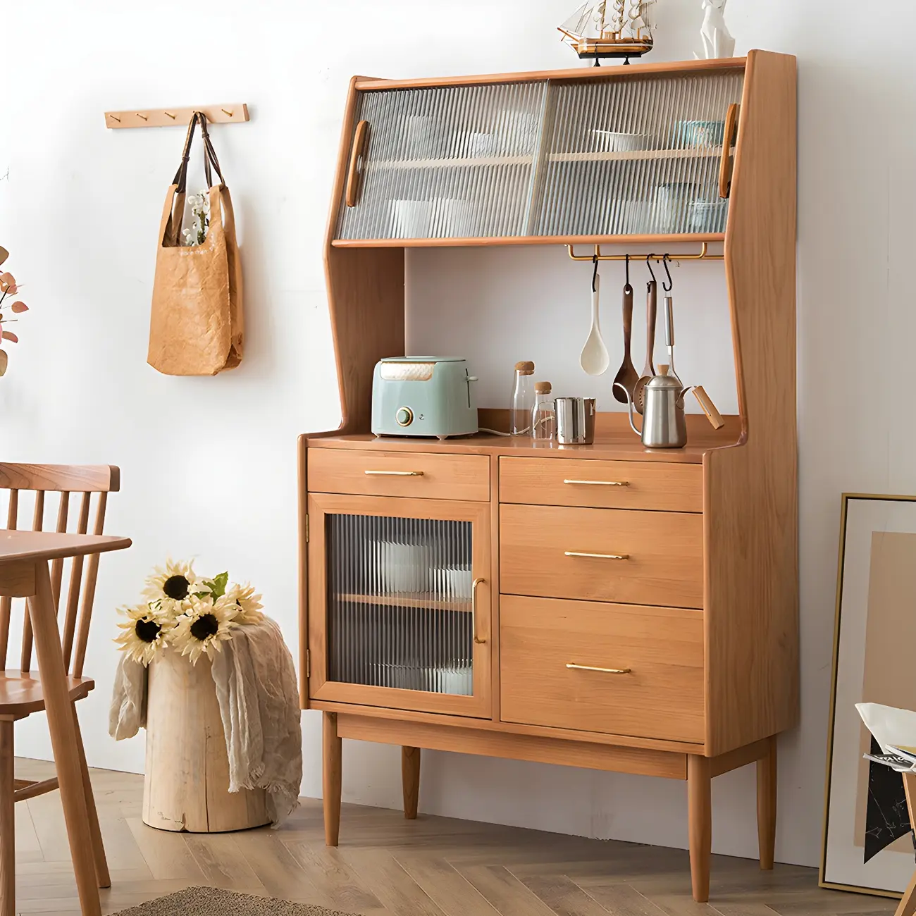 Retro Wooden Display Cabinet with Glass Doors for Kitchen Image - 1 | homeyfad