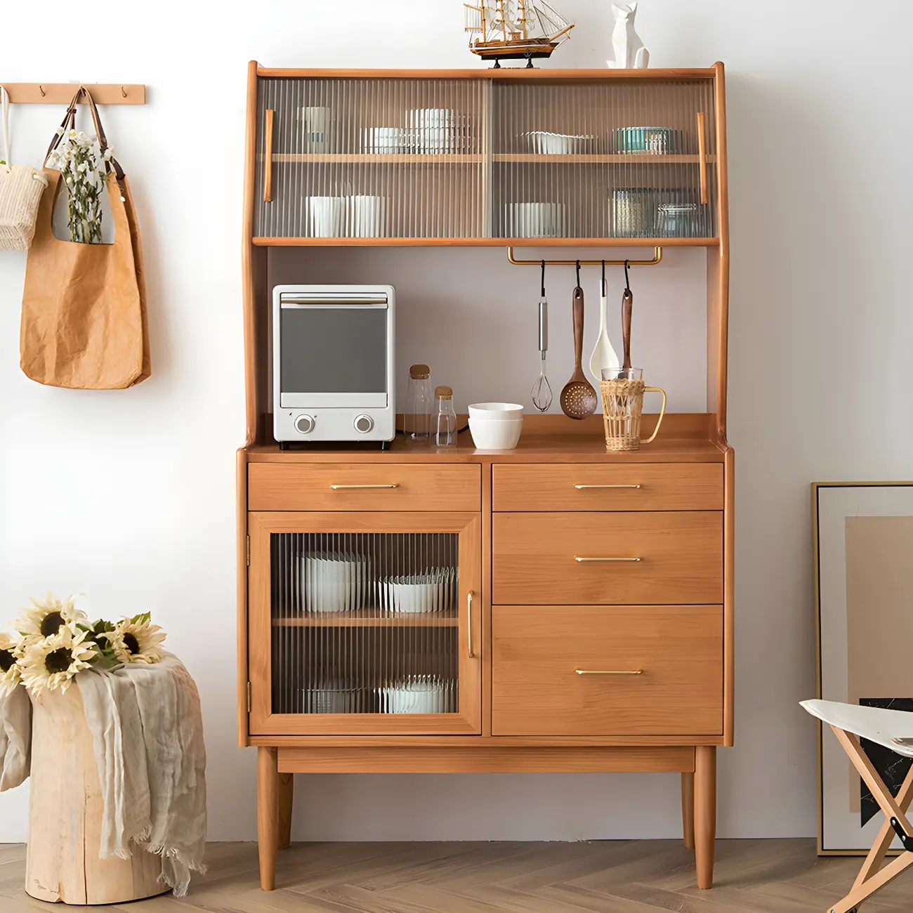 Retro Wooden Display Cabinet with Glass Doors for Kitchen Image - 2 | homeyfad