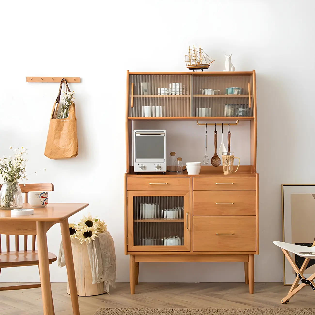 Retro Wooden Display Cabinet with Glass Doors for Kitchen Image - 17 | homeyfad