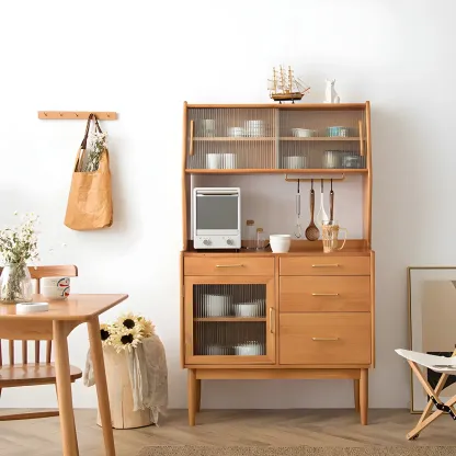 Retro Wooden Display Cabinet with Glass Doors for Kitchen Image - 17