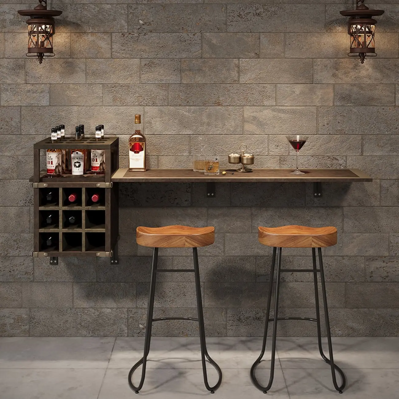 Industrial Wall Mounted Bar Counter with Wine Rack Image - 2 | homeyfad